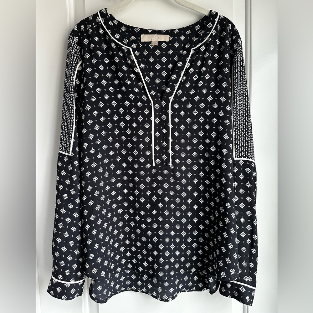Loft Women Black White Floral Long Sleeve Tunic Blouse Medium